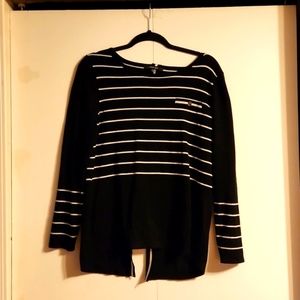 August Silk • Black & White Striped Sweater with Back Detail